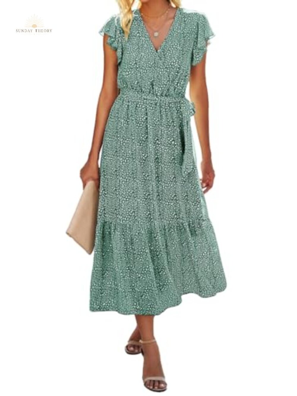 Women Wrap V Neck Ruffle Cap Sleeve Belted Midi Dress Casual Flowy